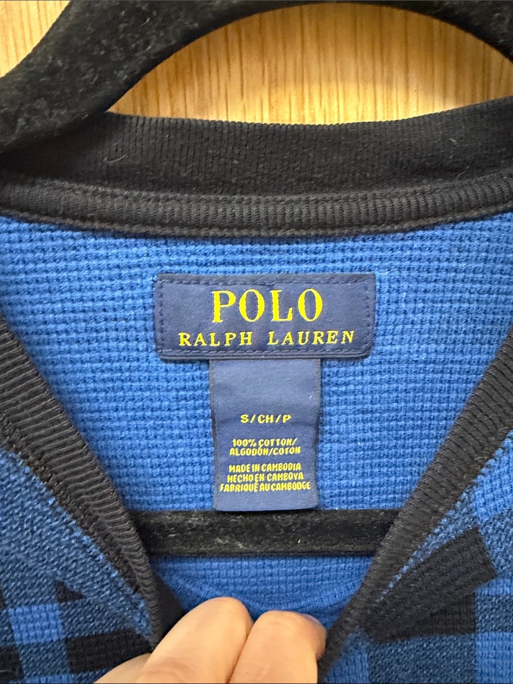 Polo Ralph Lauren Blue and Black Plaid Long-Sleeve Tee Upcycled Point It Patch - Picture 2 of 6